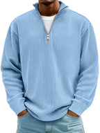 Pull côtelé demi-zip col montant bleu pour homme
