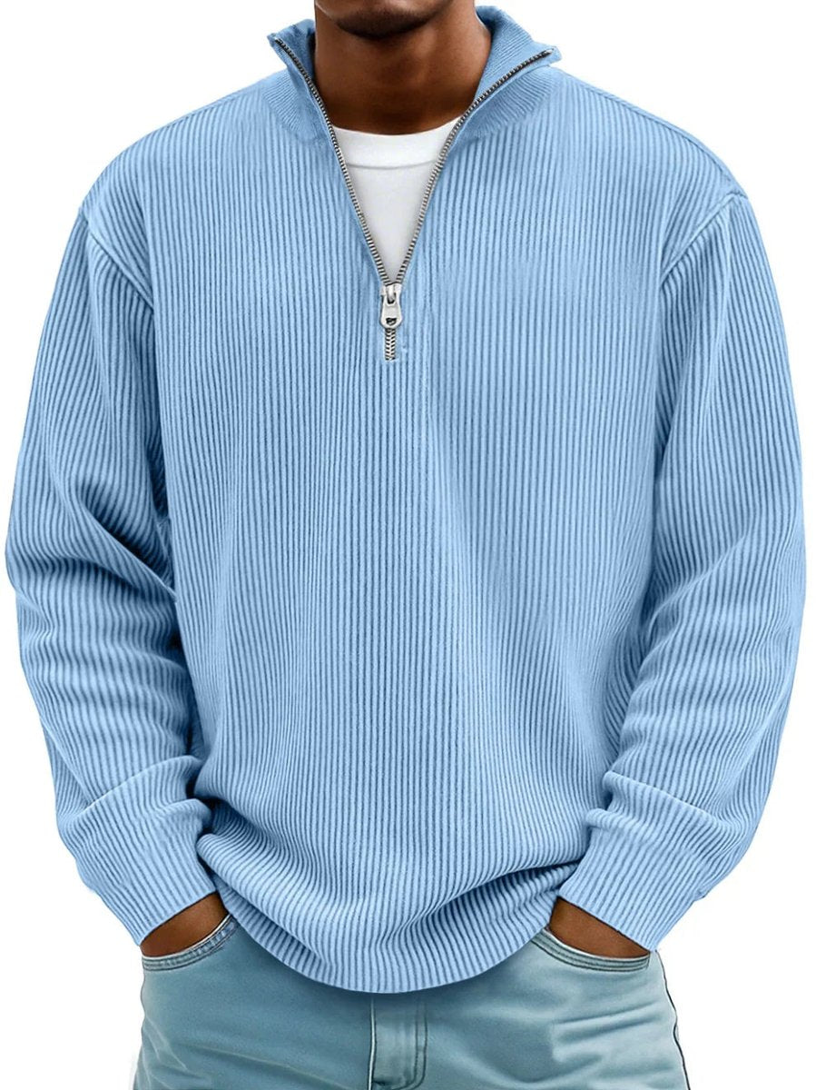 Pull côtelé demi-zip col montant bleu pour homme