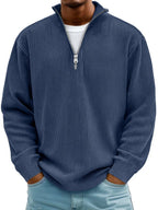Pull côtelé demi-zip col montant bleu marine pour homme