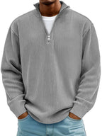 Pull côtelé demi-zip col montant gris pour homme