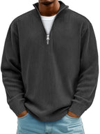 Pull côtelé demi-zip col montant noir pour homme