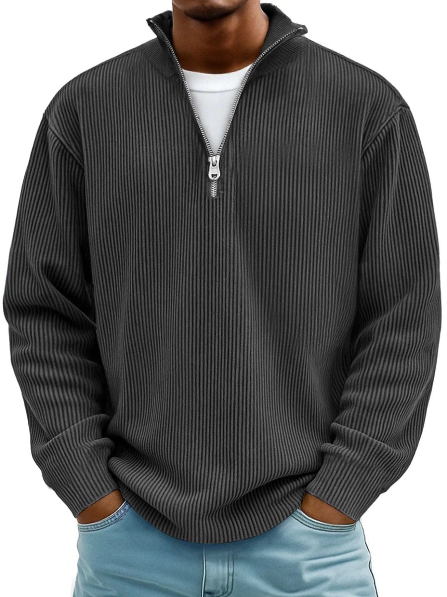 Pull côtelé demi-zip col montant noir pour homme
