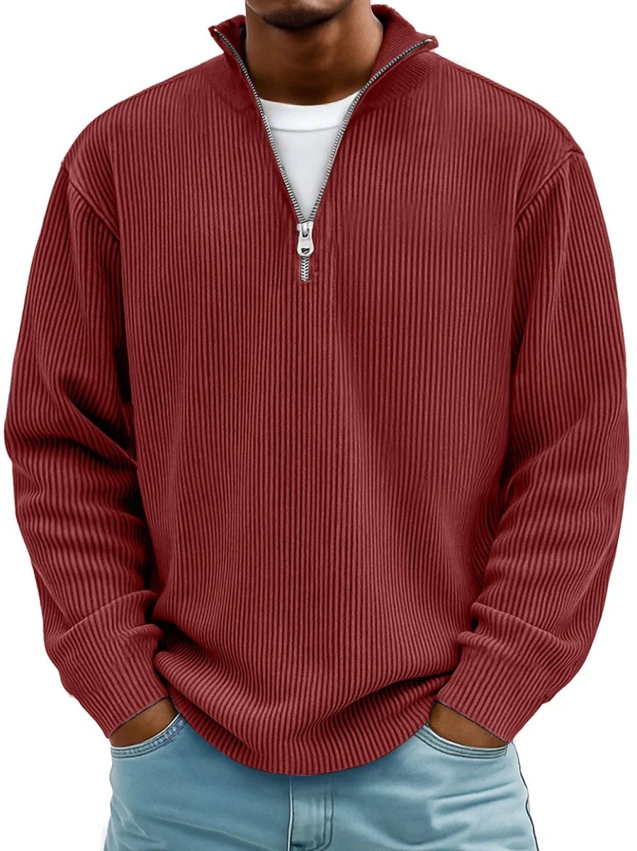 Pull côtelé demi-zip col montant rouge pour homme