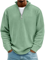 Pull côtelé demi-zip col montant vert pour homme