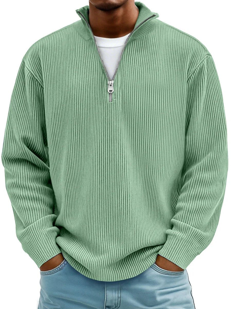 Pull côtelé demi-zip col montant vert pour homme