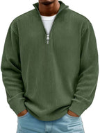 Pull côtelé demi-zip col montant vert olive pour homme