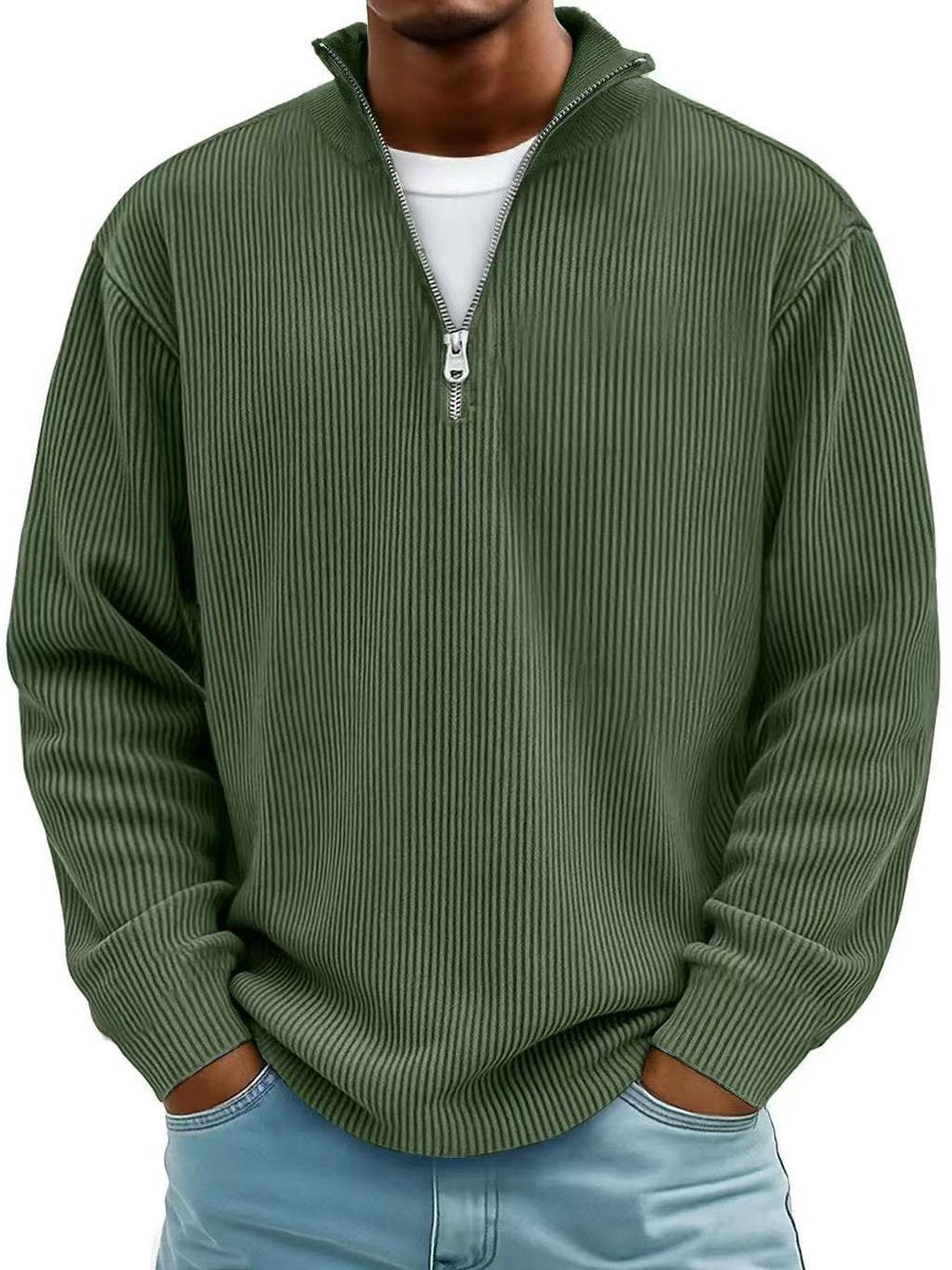 Pull côtelé demi-zip col montant vert olive pour homme