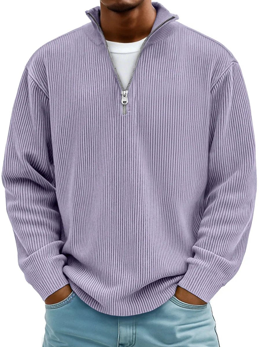 Pull côtelé demi-zip col montant violet pour homme