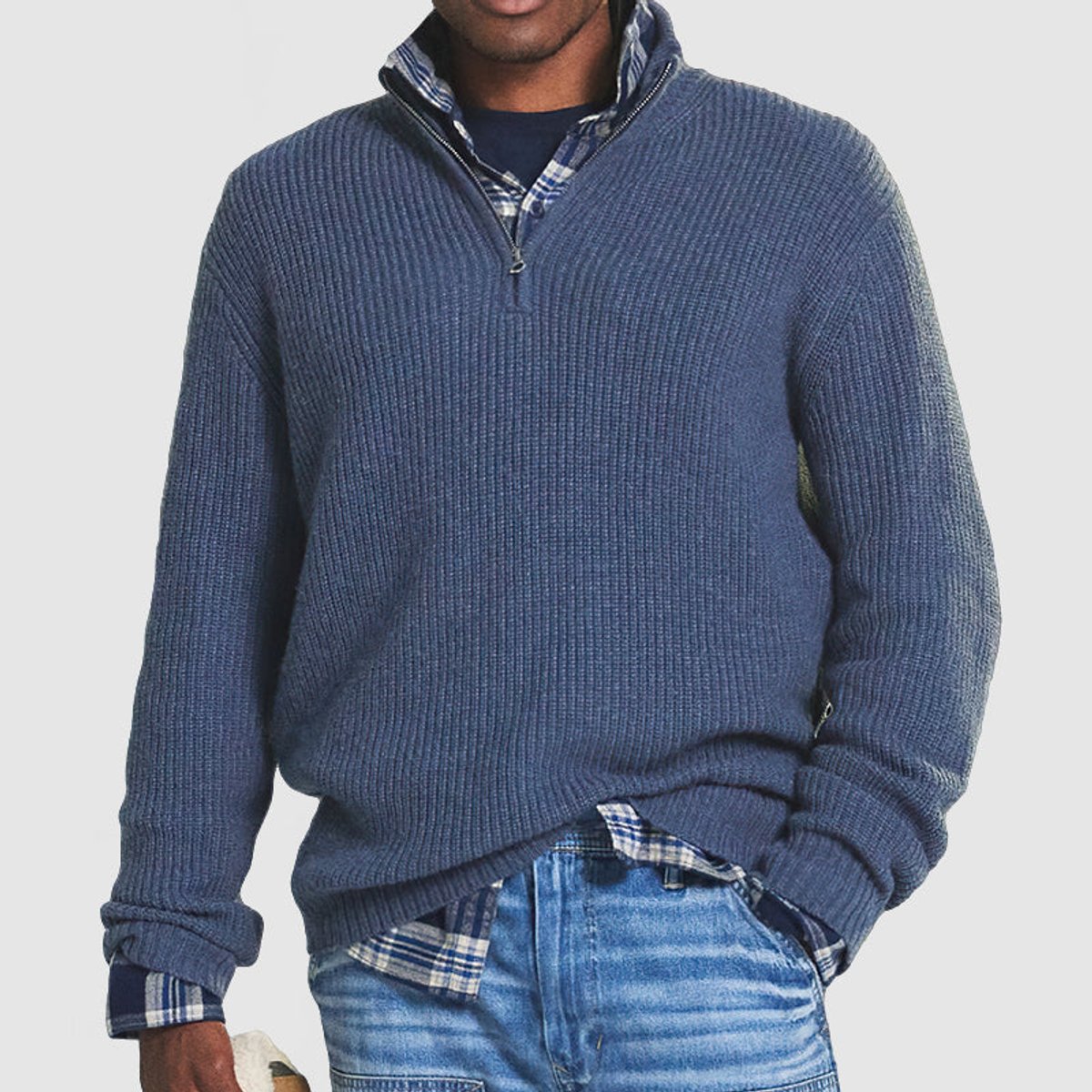Pull col montant demi-zip texture côtelée bleu pour homme