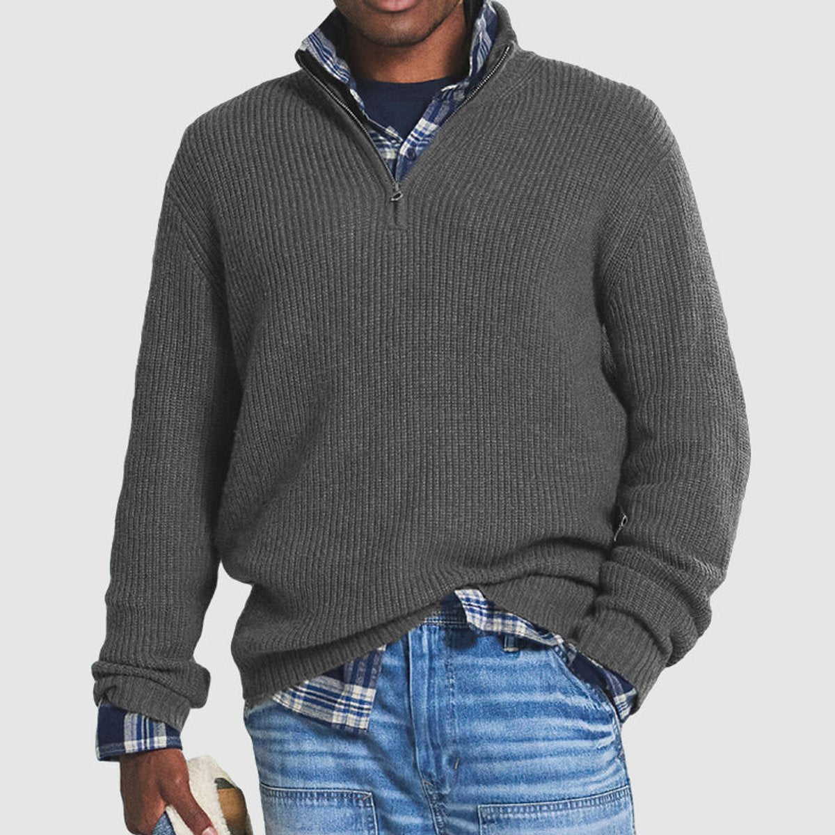 Pull col montant demi-zip texture côtelée gris pour homme