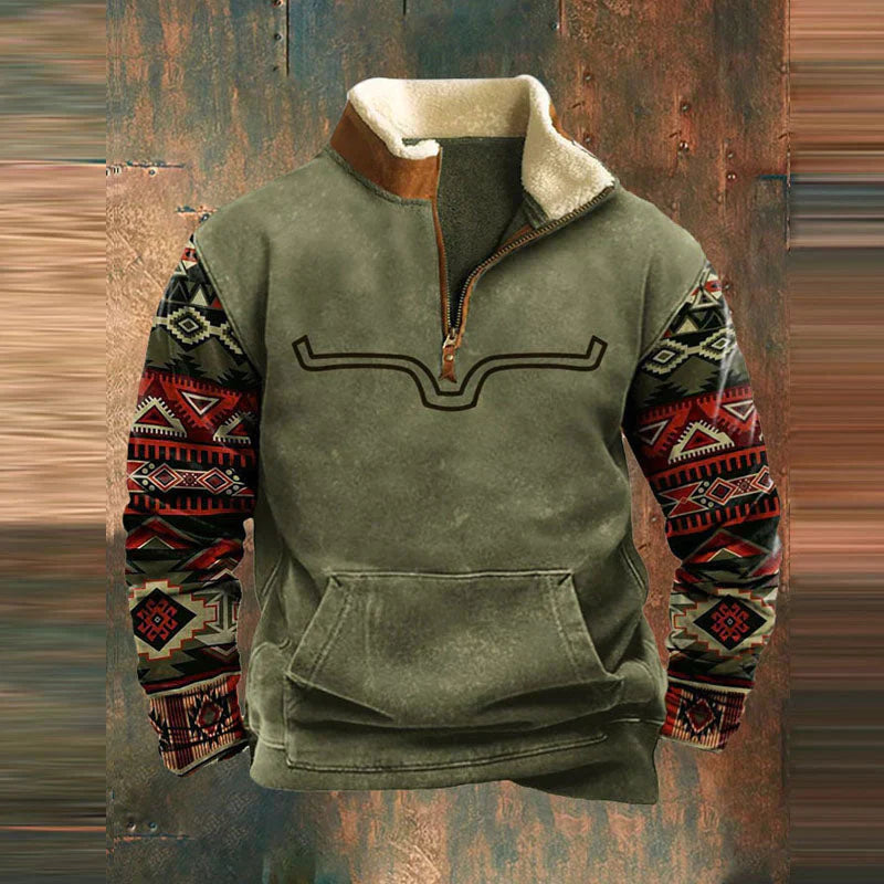 Pull demi-zip col montant manches ethniques vert pour homme