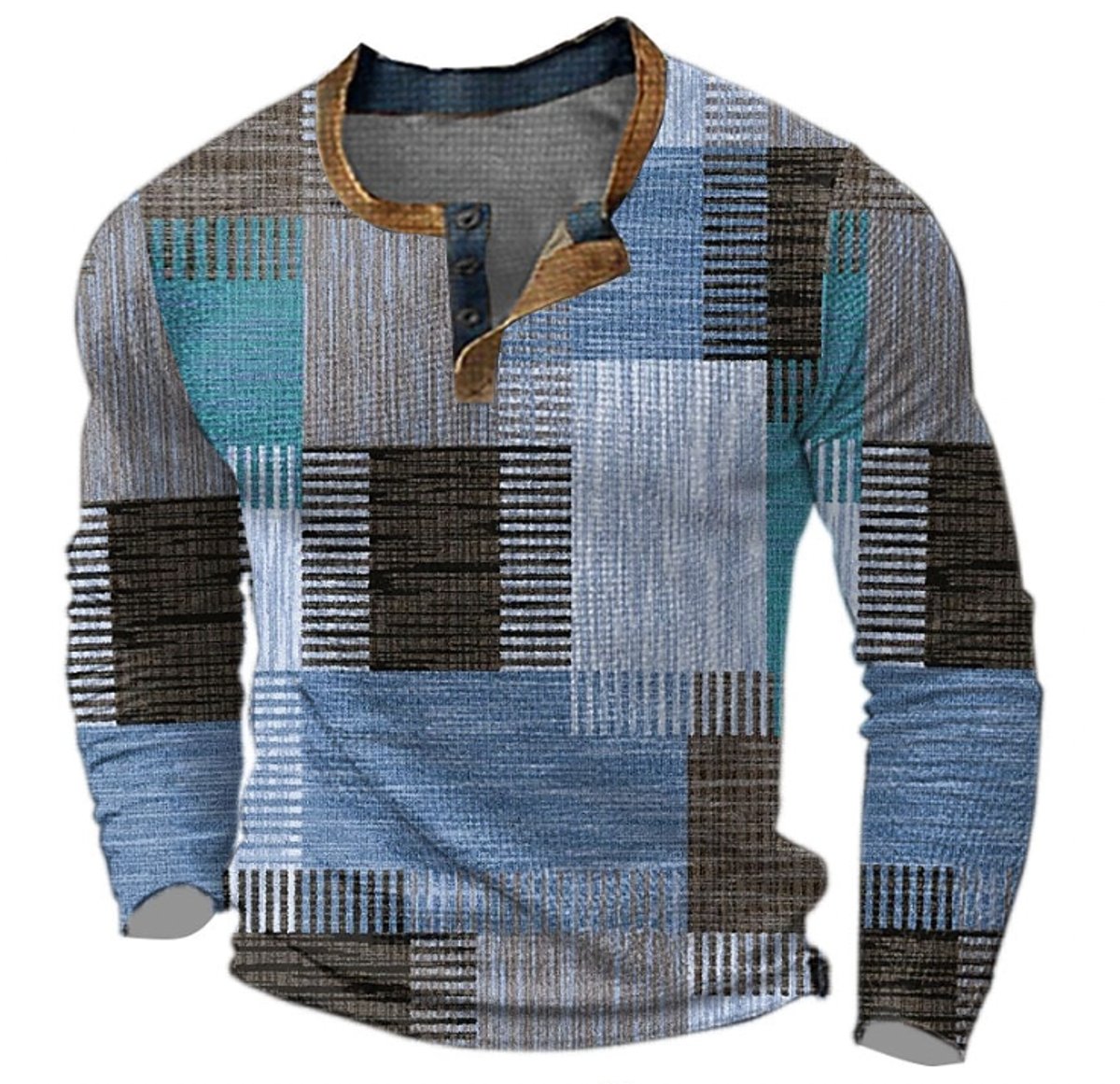 Pull col Henley à motif patchwork coloré bleu pour homme