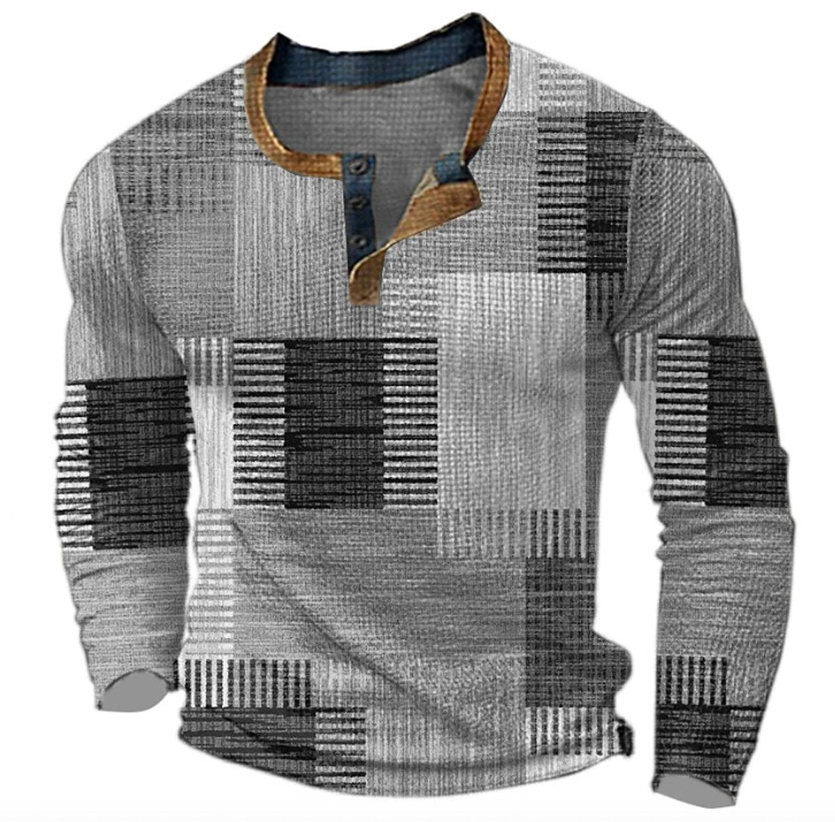 Pull col Henley à motif patchwork coloré gris pour homme