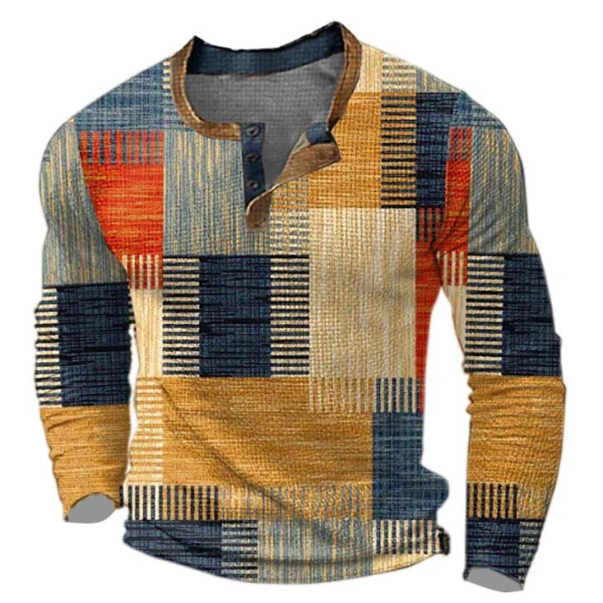 Pull col Henley à motif patchwork coloré orange pour homme