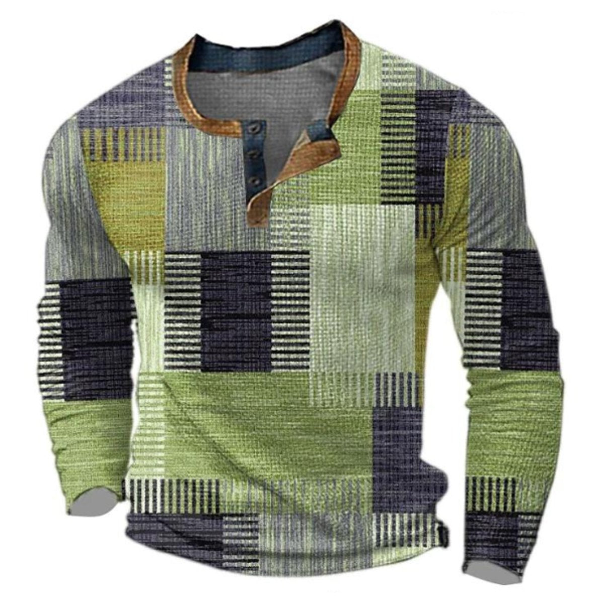 Pull col Henley à motif patchwork coloré vert pour homme