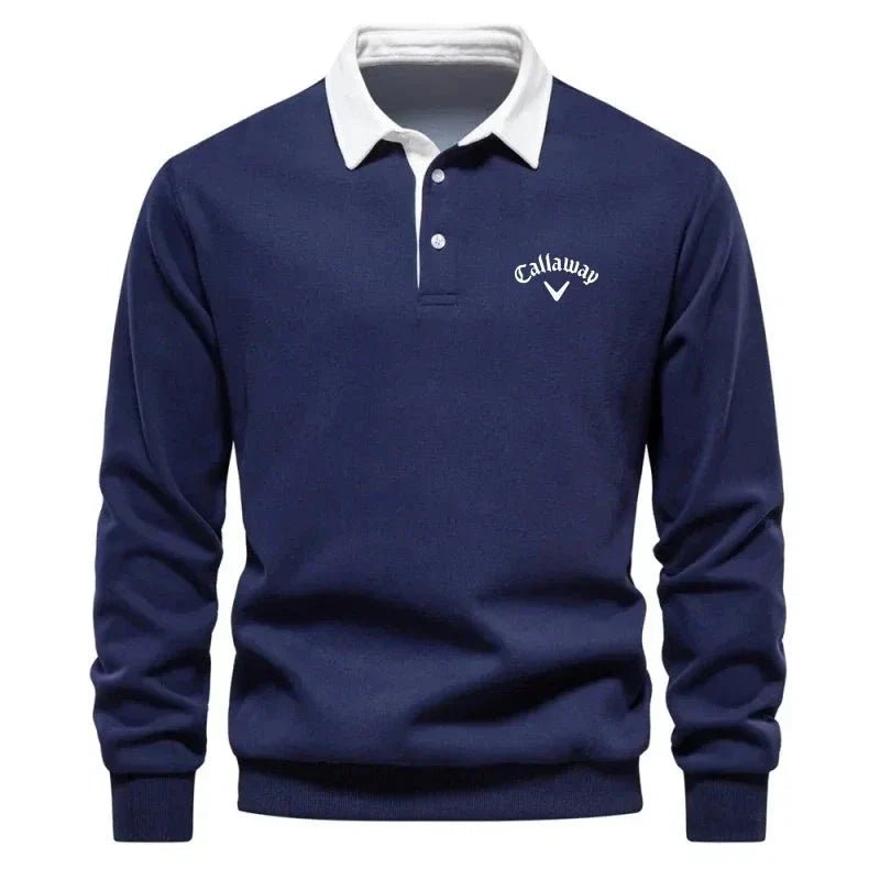 Pull polo col contrasté manches longues bleu marine pour homme