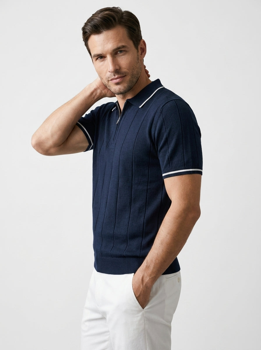Pull polo zippé à rayures verticales bleu marine pour homme