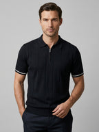 Pull polo zippé à rayures verticales noir pour homme