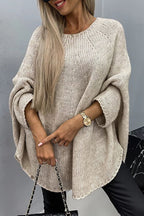Pull poncho ample manches chauve-souris beige pour femme
