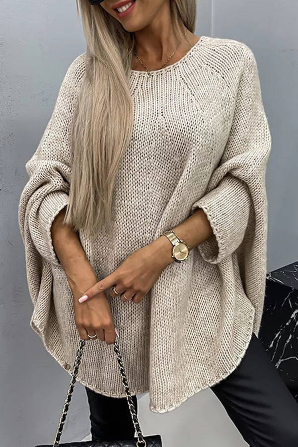 Pull poncho ample manches chauve-souris beige pour femme