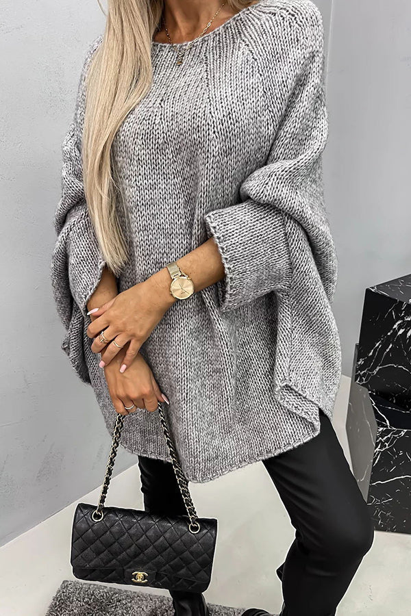Pull poncho ample manches chauve-souris gris pour femme