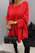 Pull poncho ample manches chauve-souris rouge pour femme