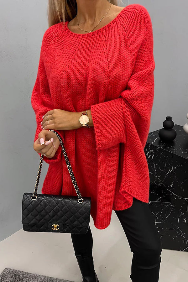 Pull poncho ample manches chauve-souris rouge pour femme