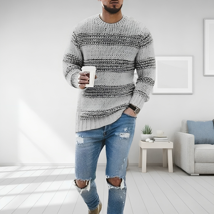 Pull rayé col rond gris pour homme