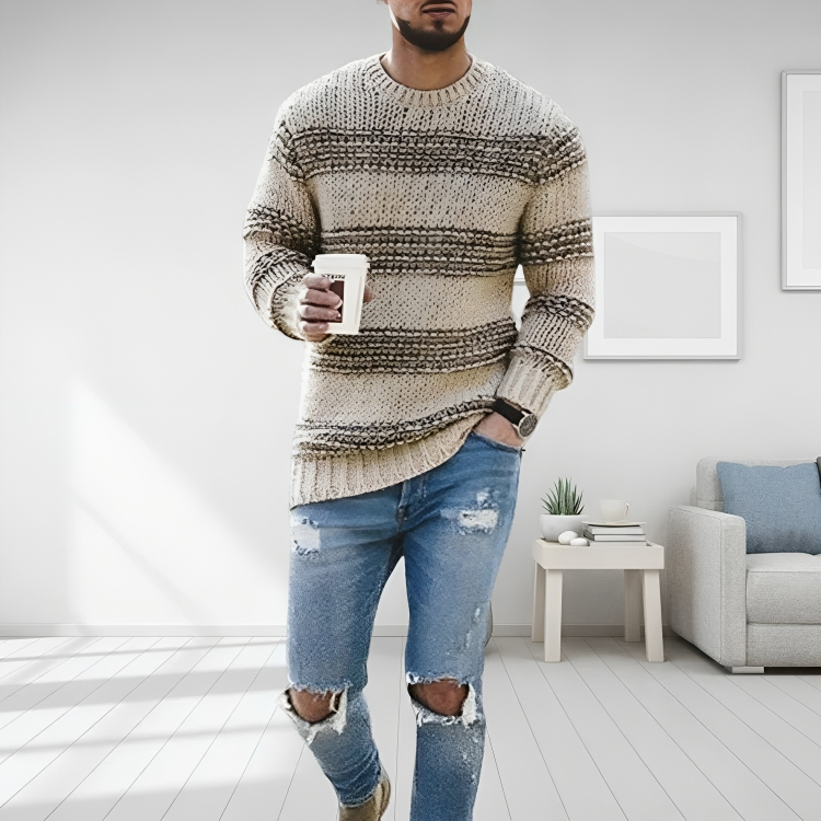 Pull rayé col rond kaki pour homme