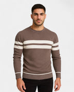 Pull texturé rayures contrastées col rond marron clair pour homme