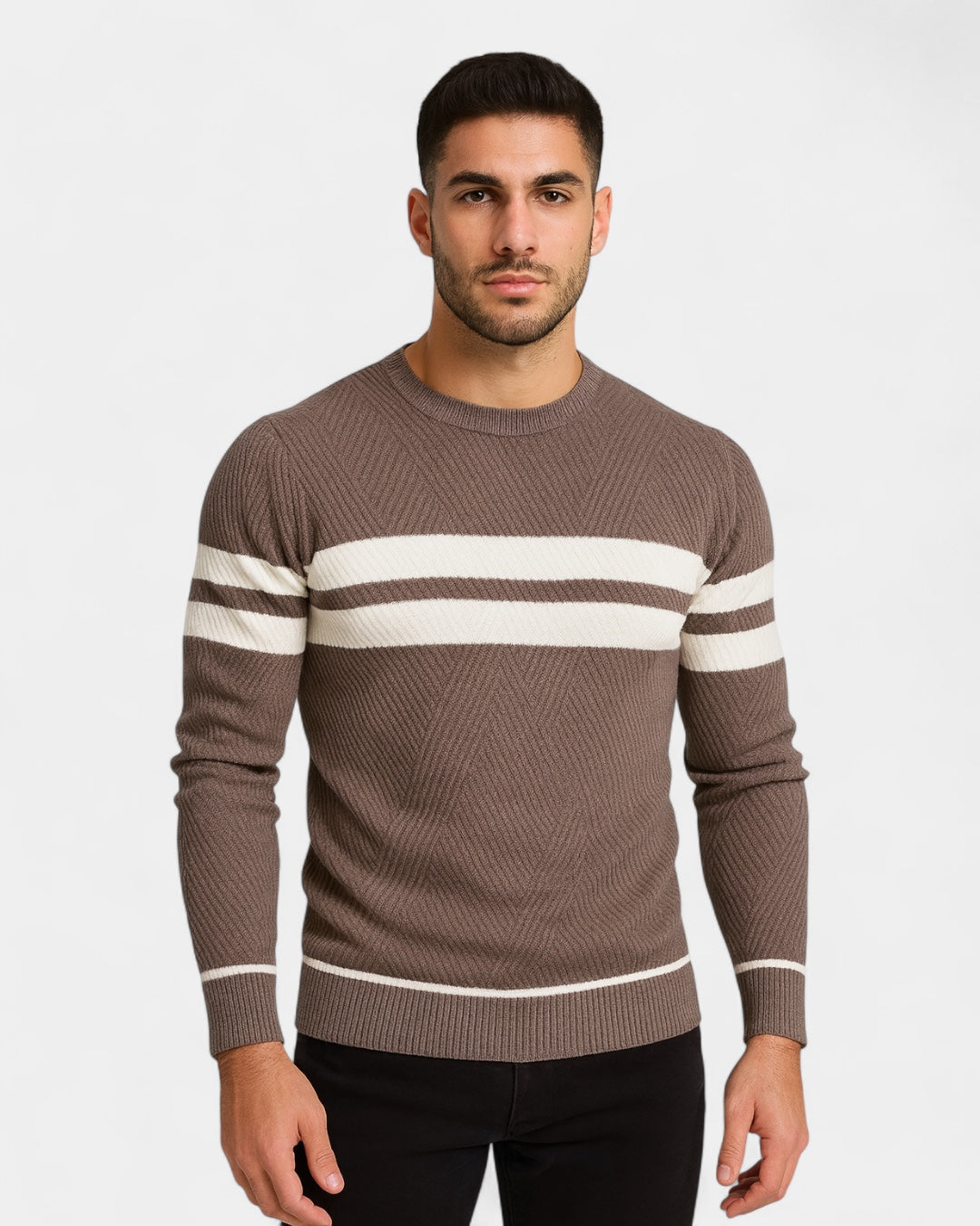 Pull texturé rayures contrastées col rond marron clair pour homme