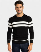 Pull texturé rayures contrastées col rond noir pour homme
