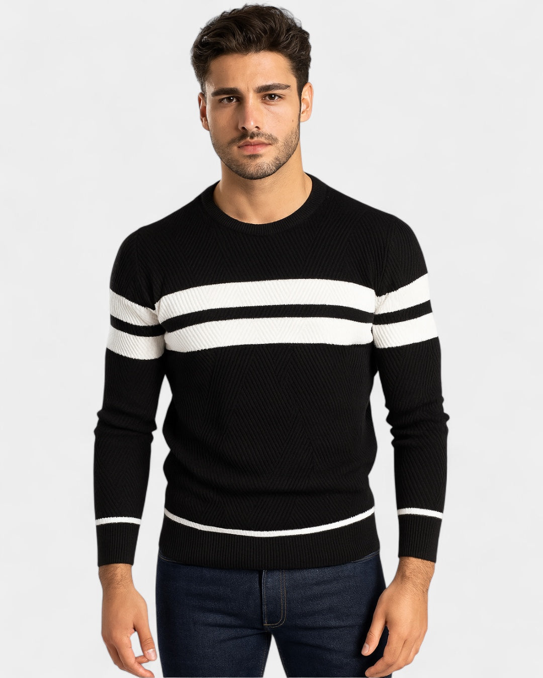 Pull texturé rayures contrastées col rond noir pour homme