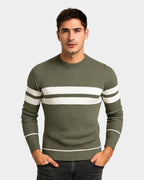 Pull texturé rayures contrastées col rond vert pour homme