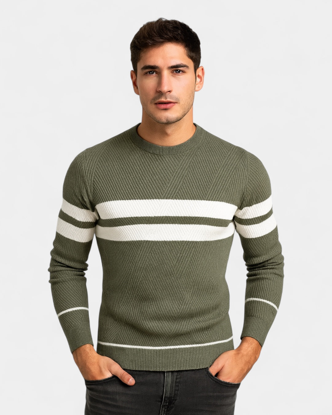 Pull texturé rayures contrastées col rond vert pour homme
