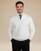 Pull torsadé col montant demi-zip blanc pour homme