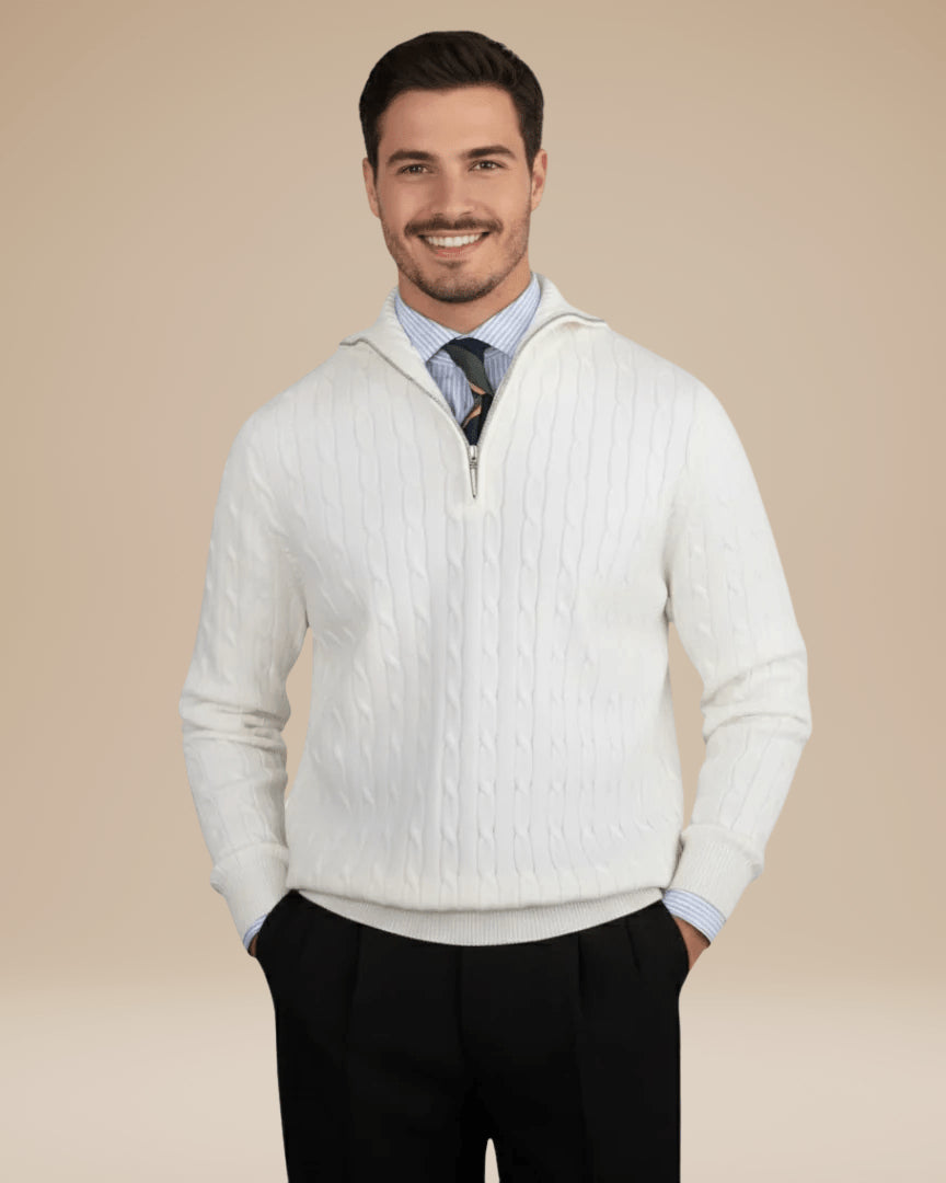 Pull torsadé col montant demi-zip blanc pour homme