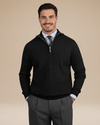 Pull torsadé col montant demi-zip noir pour homme