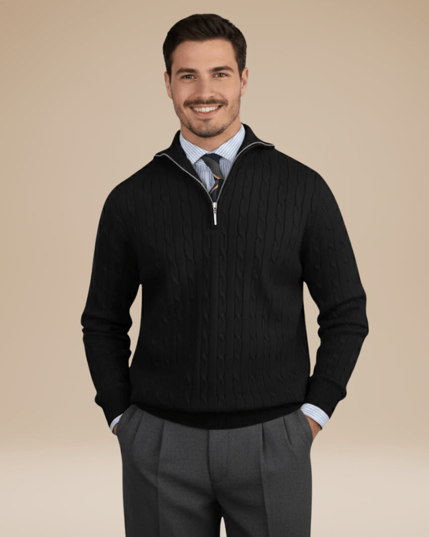 Pull torsadé col montant demi-zip noir pour homme