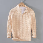 Pull torsadé demi-zip col montant beige pour homme