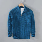 Pull torsadé demi-zip col montant bleu pour homme