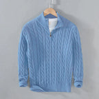 Pull torsadé demi-zip col montant bleu clair pour homme