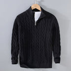 Pull torsadé demi-zip col montant noir pour homme