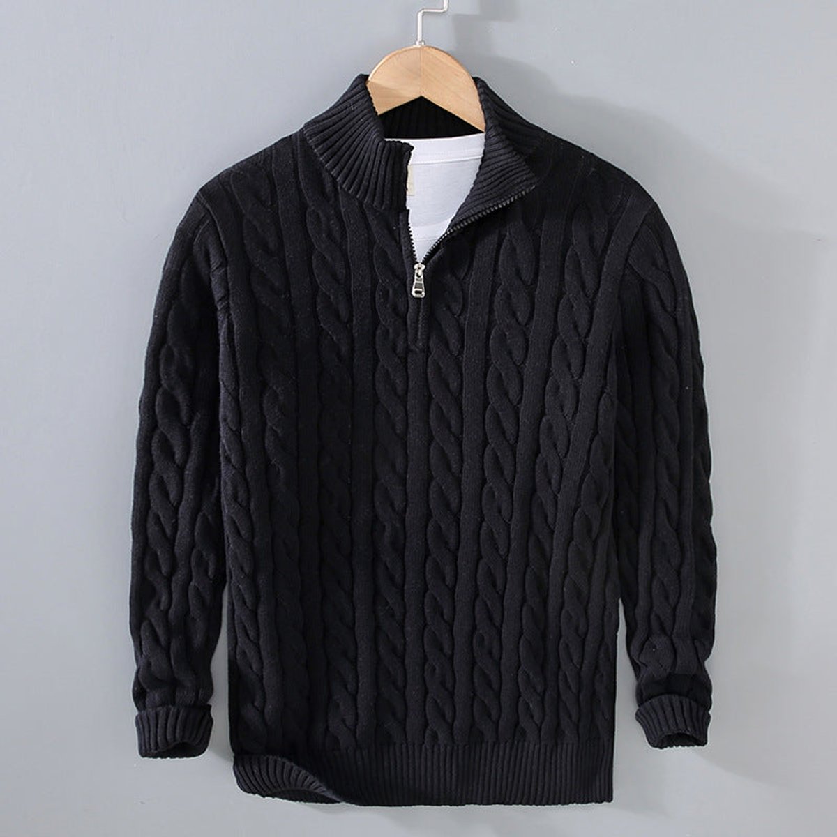 Pull torsadé demi-zip col montant noir pour homme