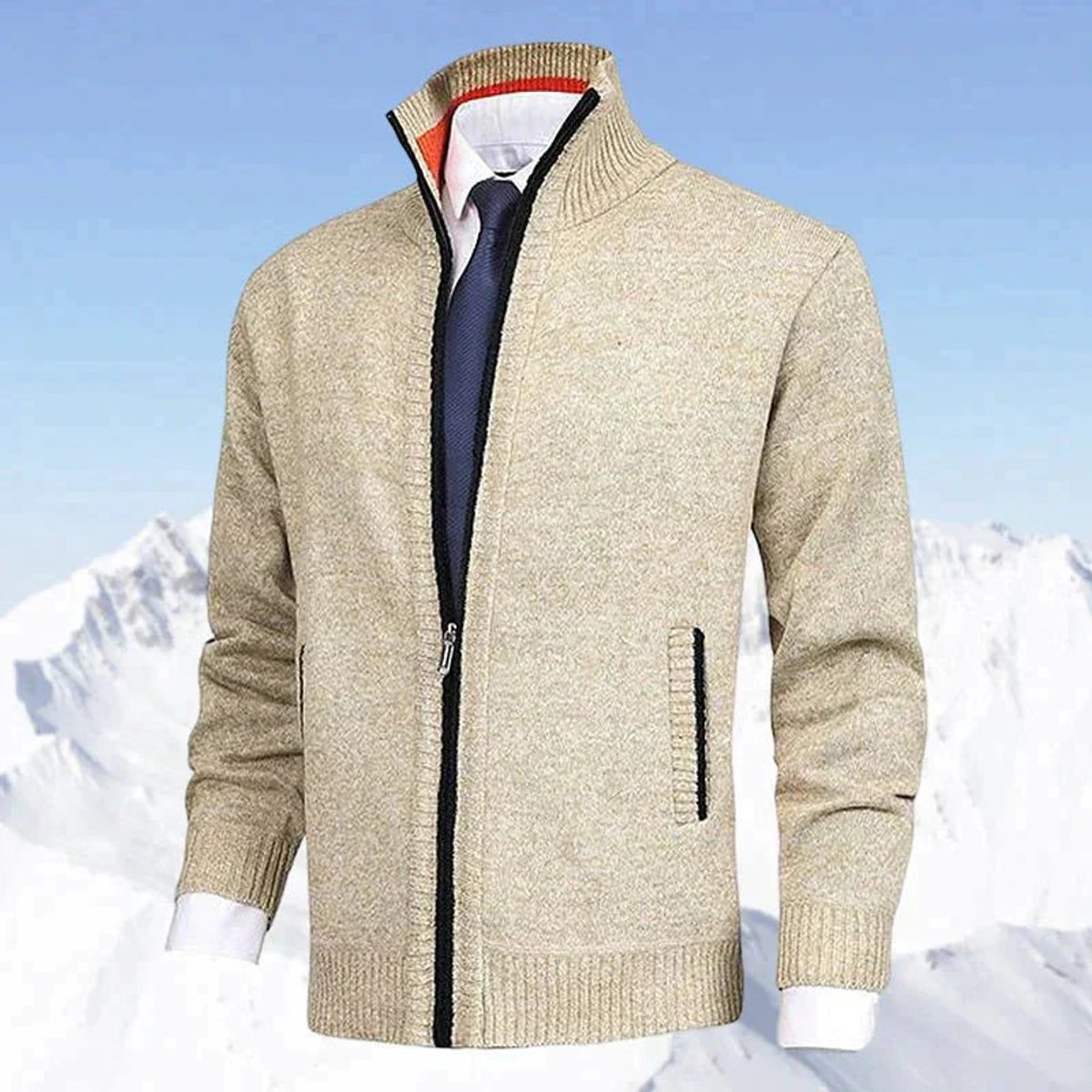 Pull zippé col montant avec poches beige pour homme