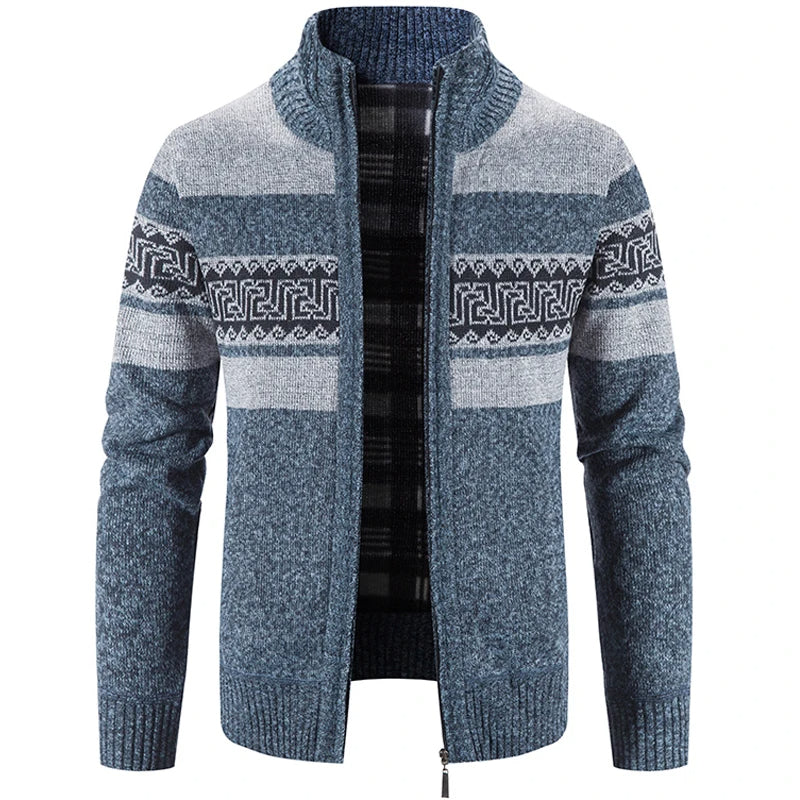 Pull zippé jacquard col montant bleu pour homme