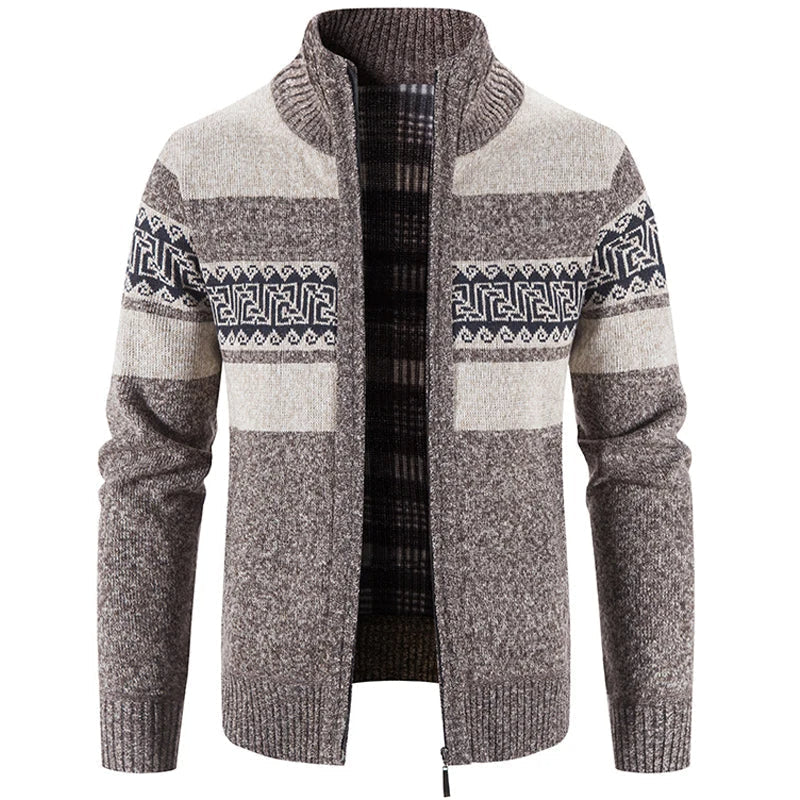 Pull zippé jacquard col montant taupe pour homme