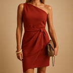 Robe asymétrique une épaule avec nœud rouge pour femme