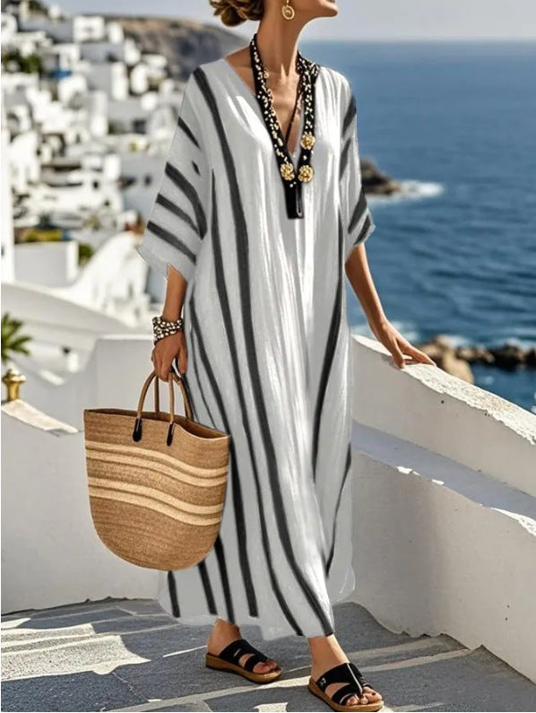 Robe caftan longue en coton et lin à rayures pour femme