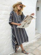 Robe caftan longue en coton et lin à rayures pour femme